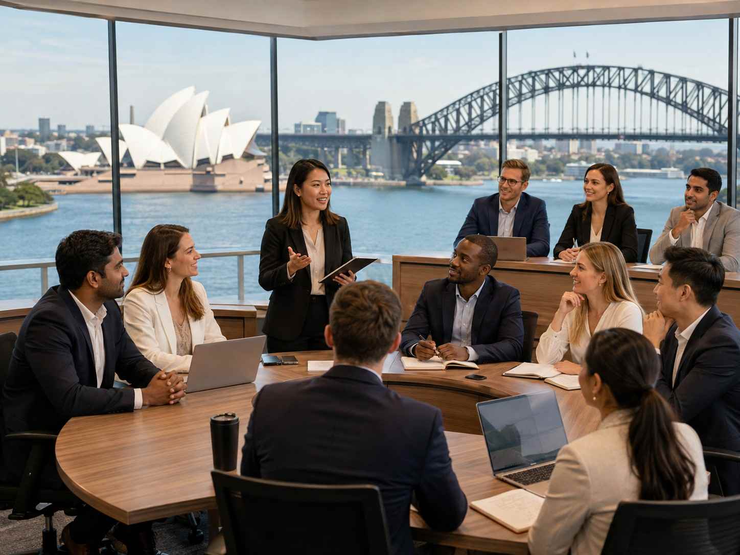 Diverse Sydney MBA class of experienced professionals collaborating in a business classroom with Sydney Harbour views.